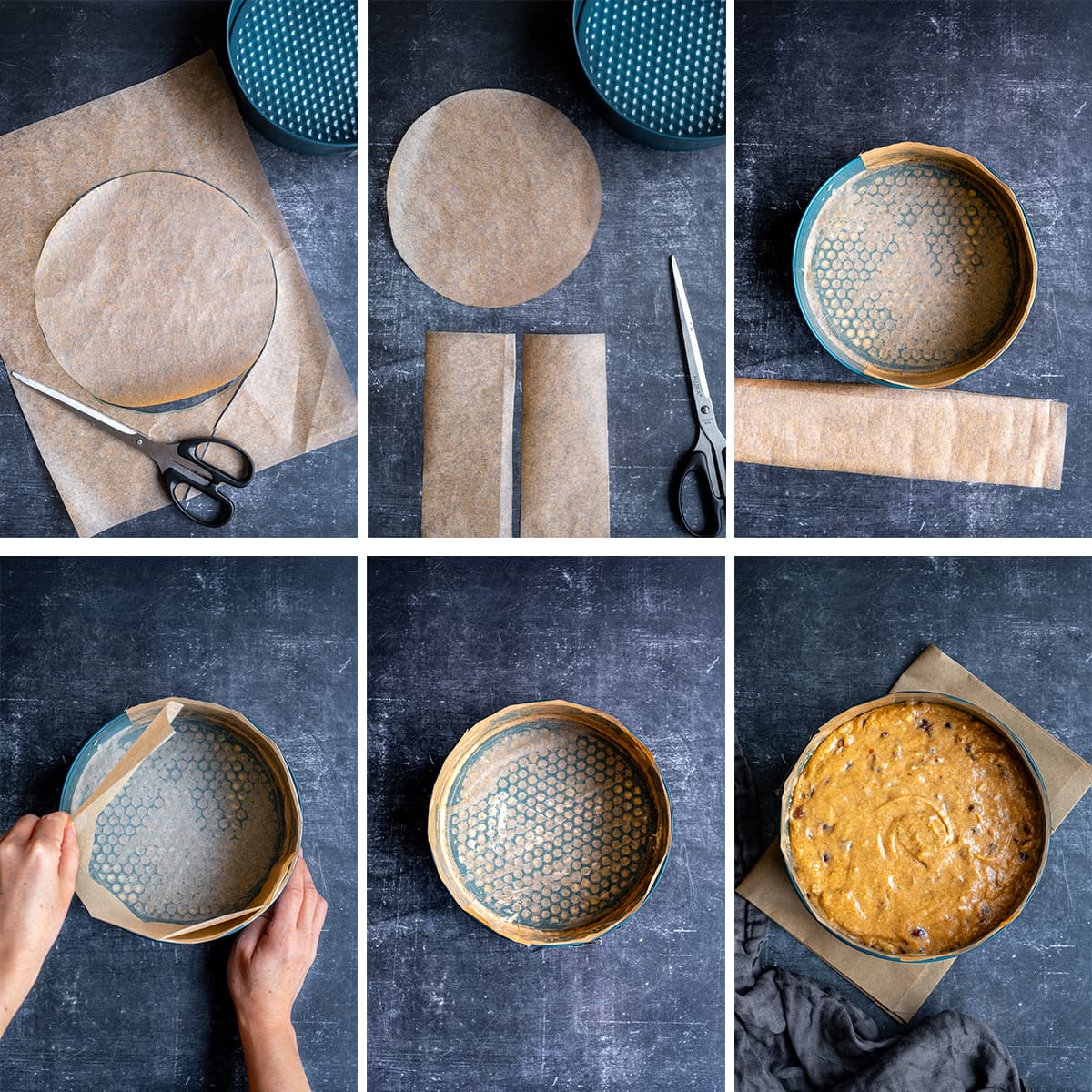 Collage showing 6 step by step photos to illustrate lining a circle shaped cake tin