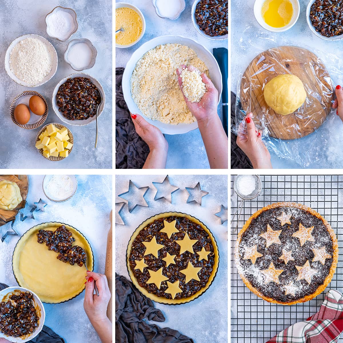 Collage showing 6 process shots for Easy Mincemeat Tart