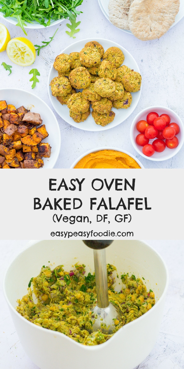 Quick, easy to make and totally delicious, these Easy Oven Baked Falafels are going to be your new favourite recipe… Simply blitz chickpeas and flavourings, shape into balls and bake – that’s it! #falafel #ovenbakedfalafel #bakedfalafel #ovenbaked #chickpeas #vegan #vegetarian #glutenfree #dairyfree #easyentertaining #easymidweekmeals #easymeals #midweekmeals #easydinners #dinnertonight #dinnertonite #familydinners #familyfood #easypeasyfoodie #cookblogshare