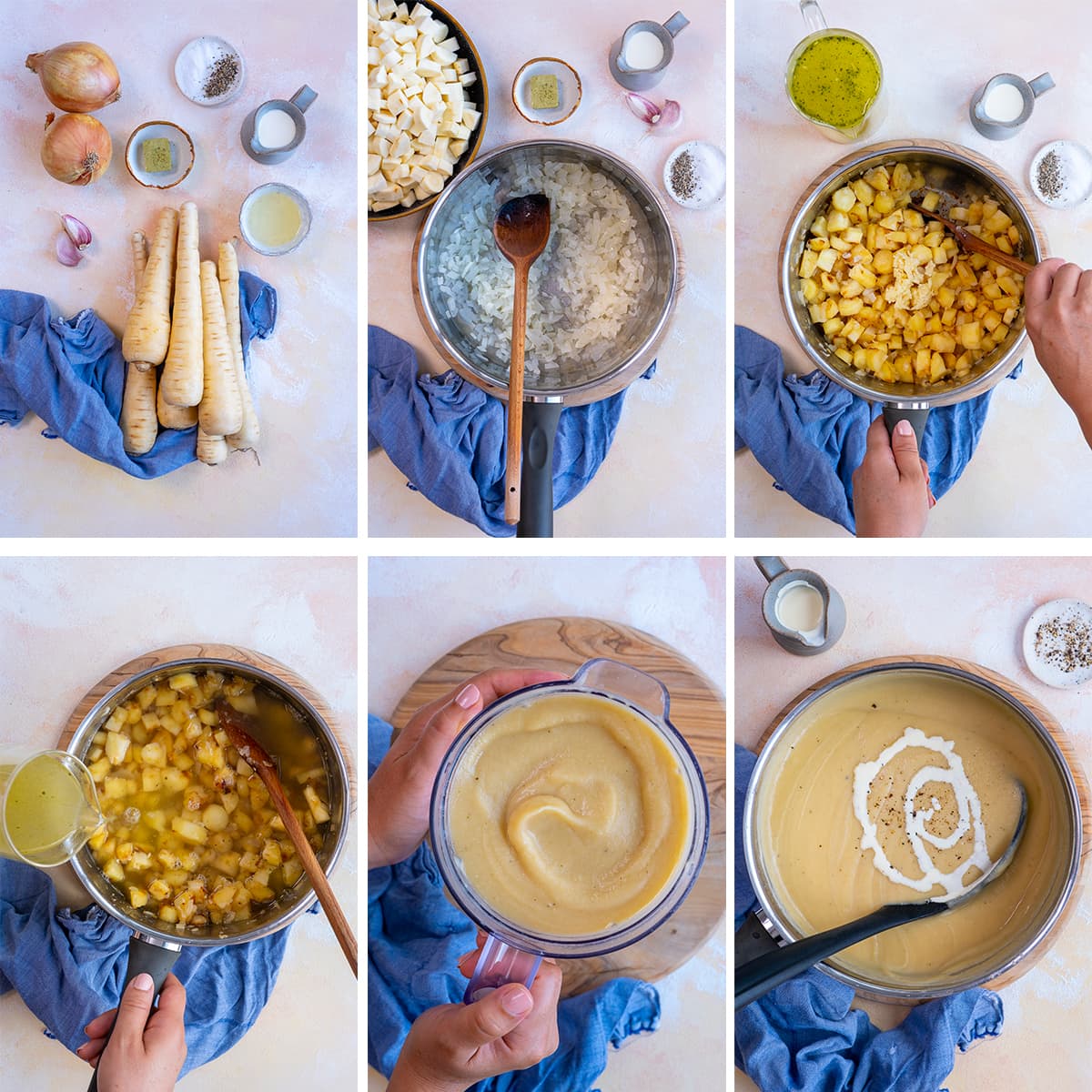 Collage showing 6 process shots for Easy Peasy Parsnip Soup