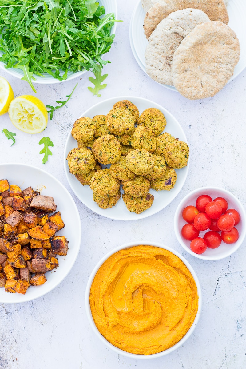 Easy Oven Baked Falafel as part of a mezze spread