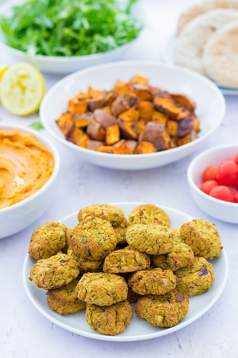 Easy Oven Baked Falafel as part of a mezze spread