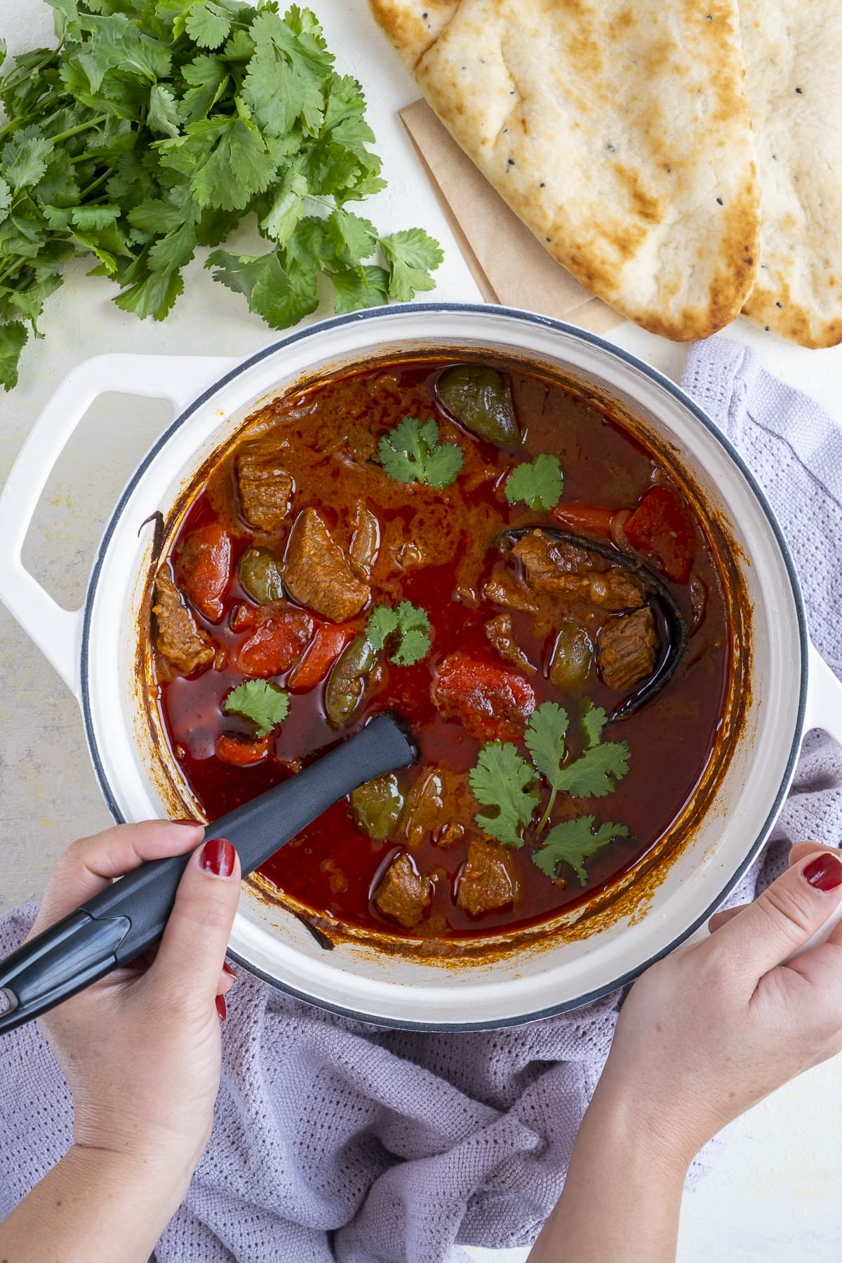 Overhead shot of Easy Peasy Beef Curry in the cooking pot