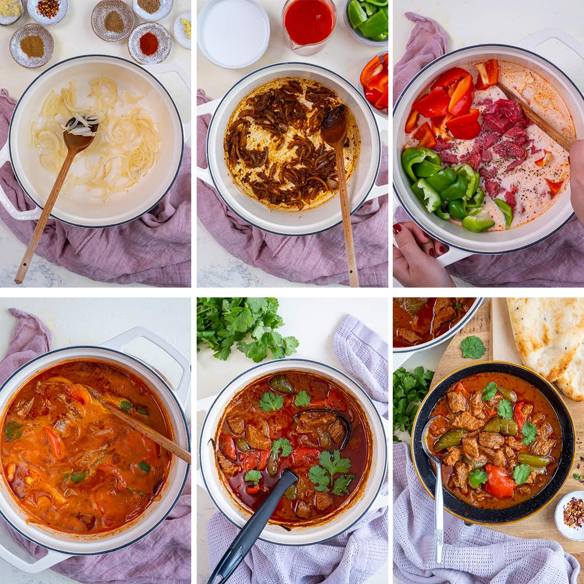 Collage showing 6 process shots for Easy Peasy Beef Curry