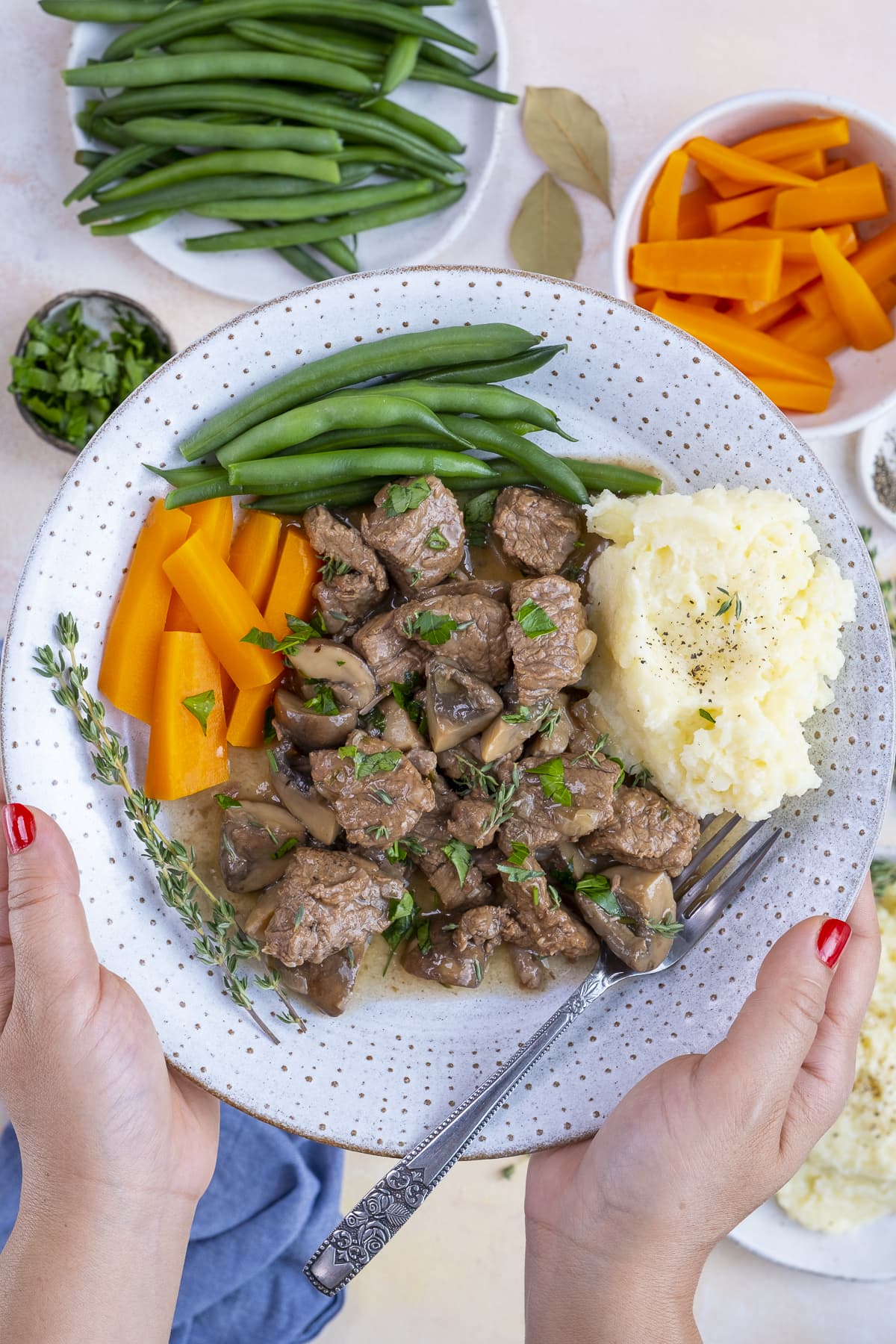 Easy Peasy Beef Stew on a plate with mashed potatoes, carrots and green beans, being held up to the camera