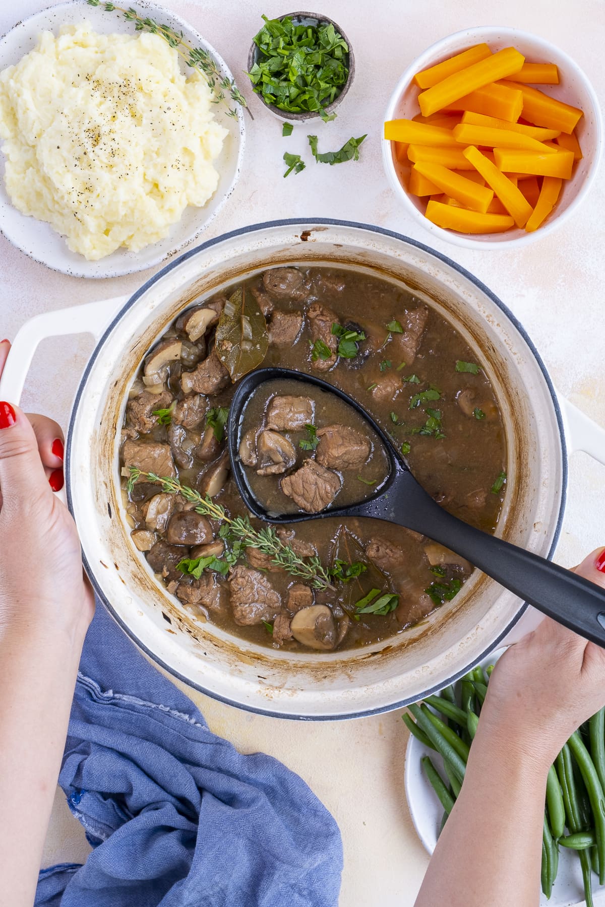 Beef Stew in the pot surrounded by veggies and herbs