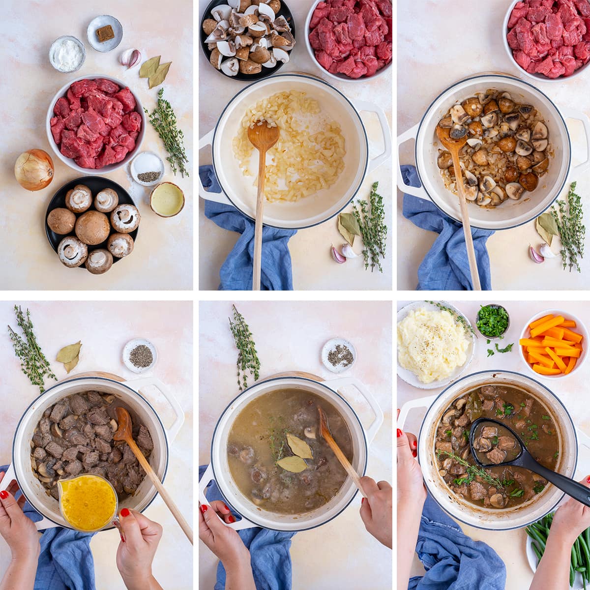 Collage showing 6 process shots for Easy Peasy Beef Stew