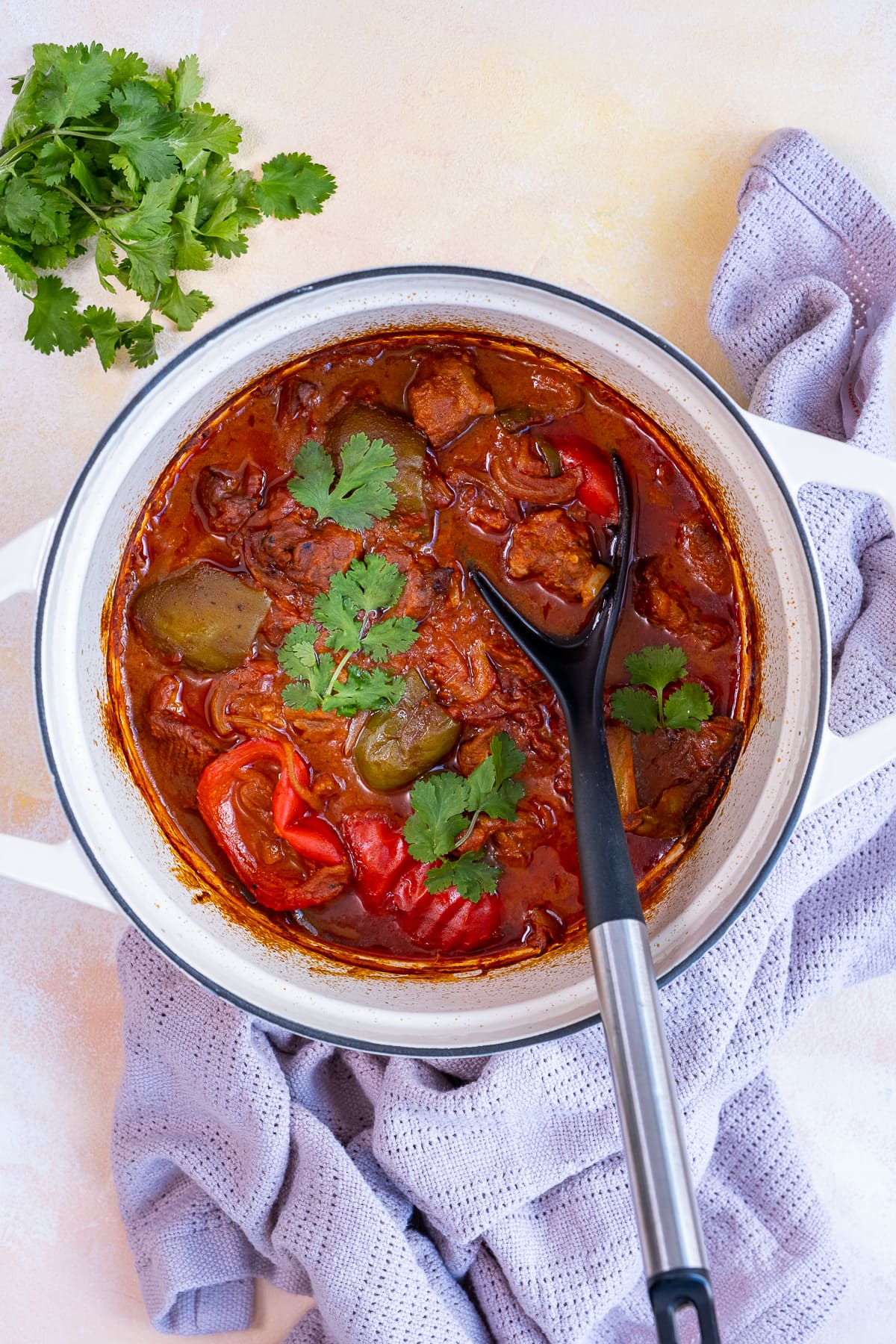 Overhead shot of Easy Peasy Lamb Curry in the pan, with fresh coriander