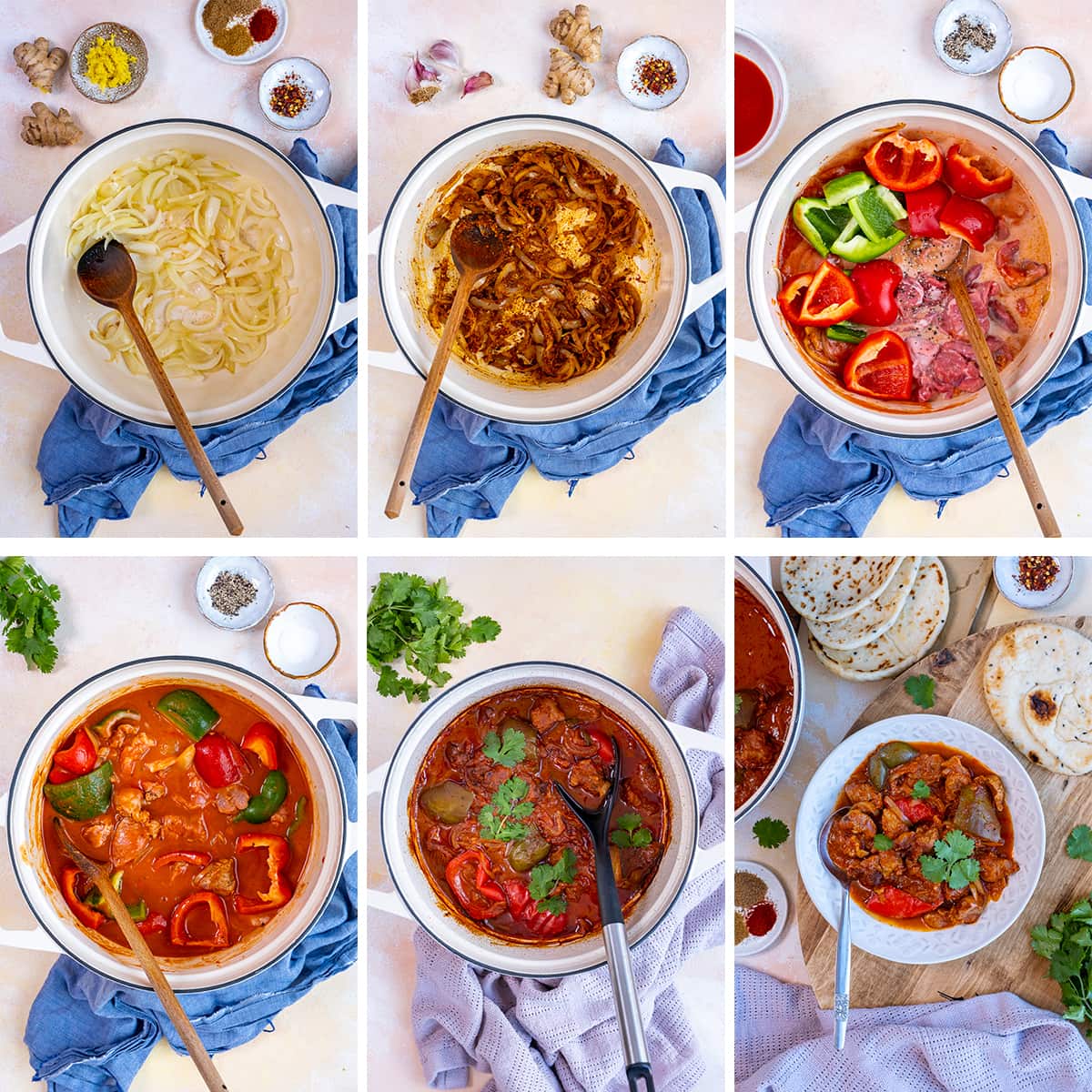 Collage showing 6 process shots for Easy Peasy Lamb Curry 