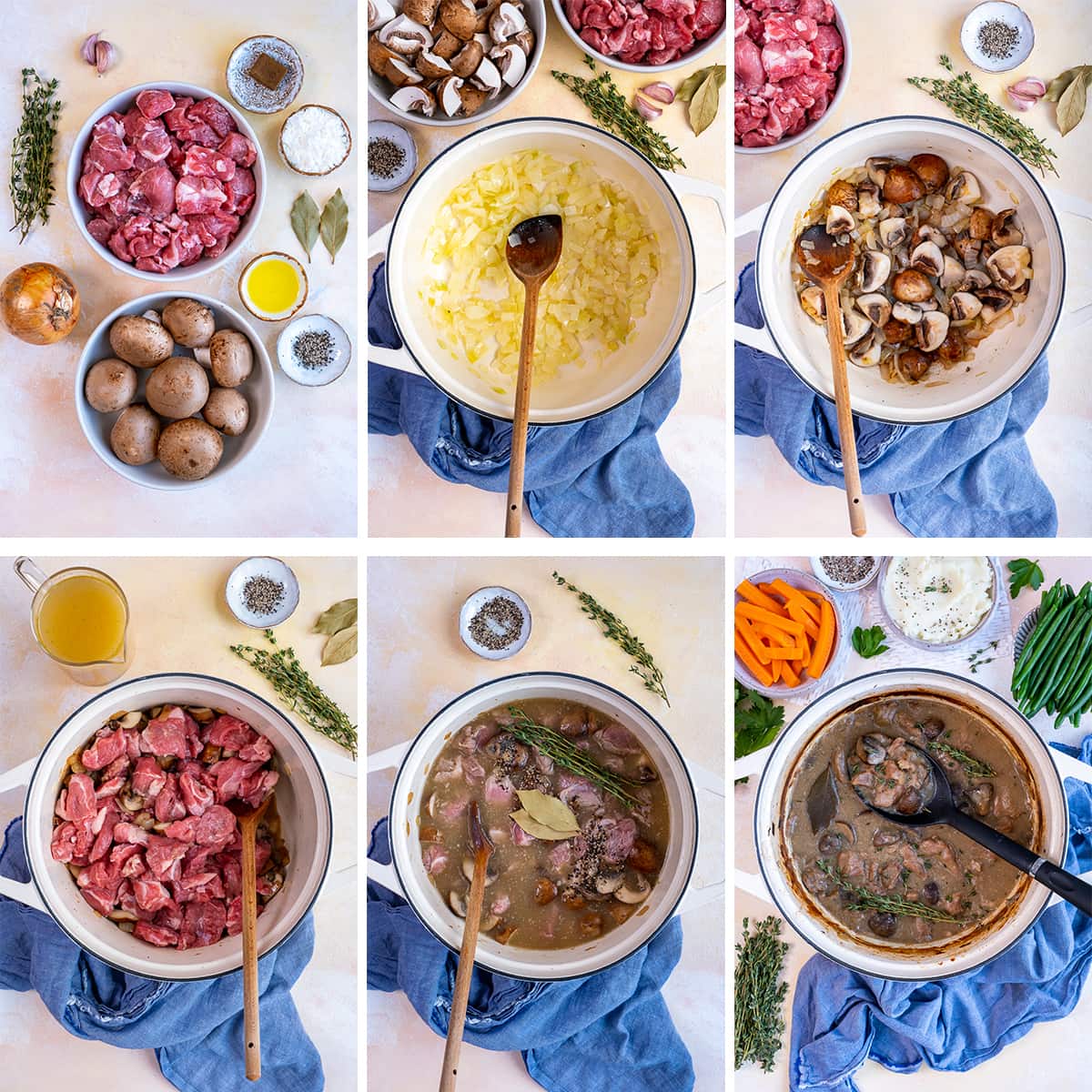 Collage showing 6 process shots for Easy Peasy Lamb Stew 