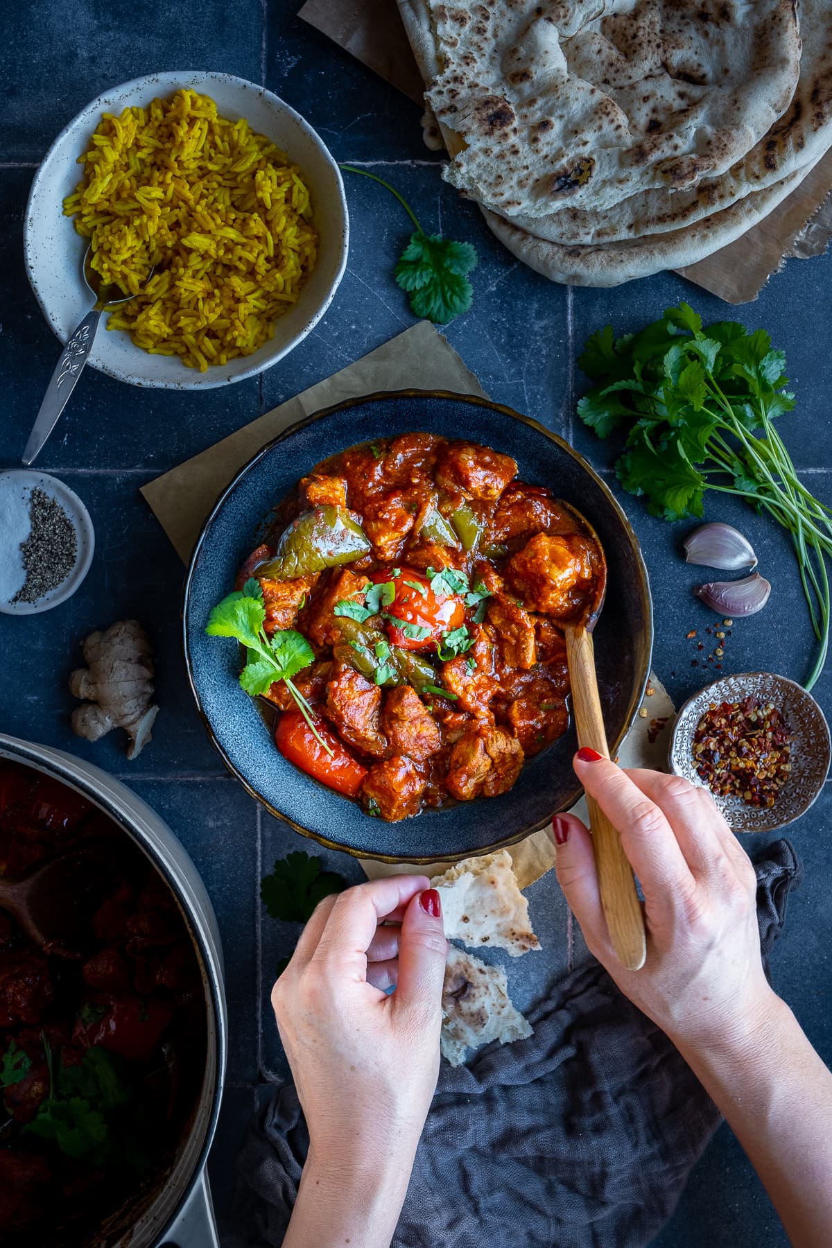 Overhead shot of Easy Peasy Pork Curry in a bowl. A woman's hands are holding the bowl.