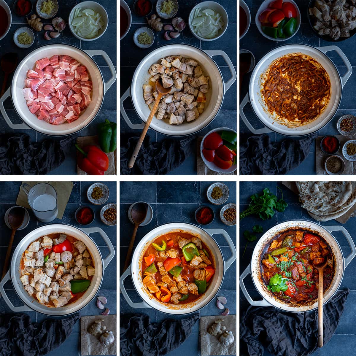 Collage showing 6 process shots for Easy Peasy Pork Curry 