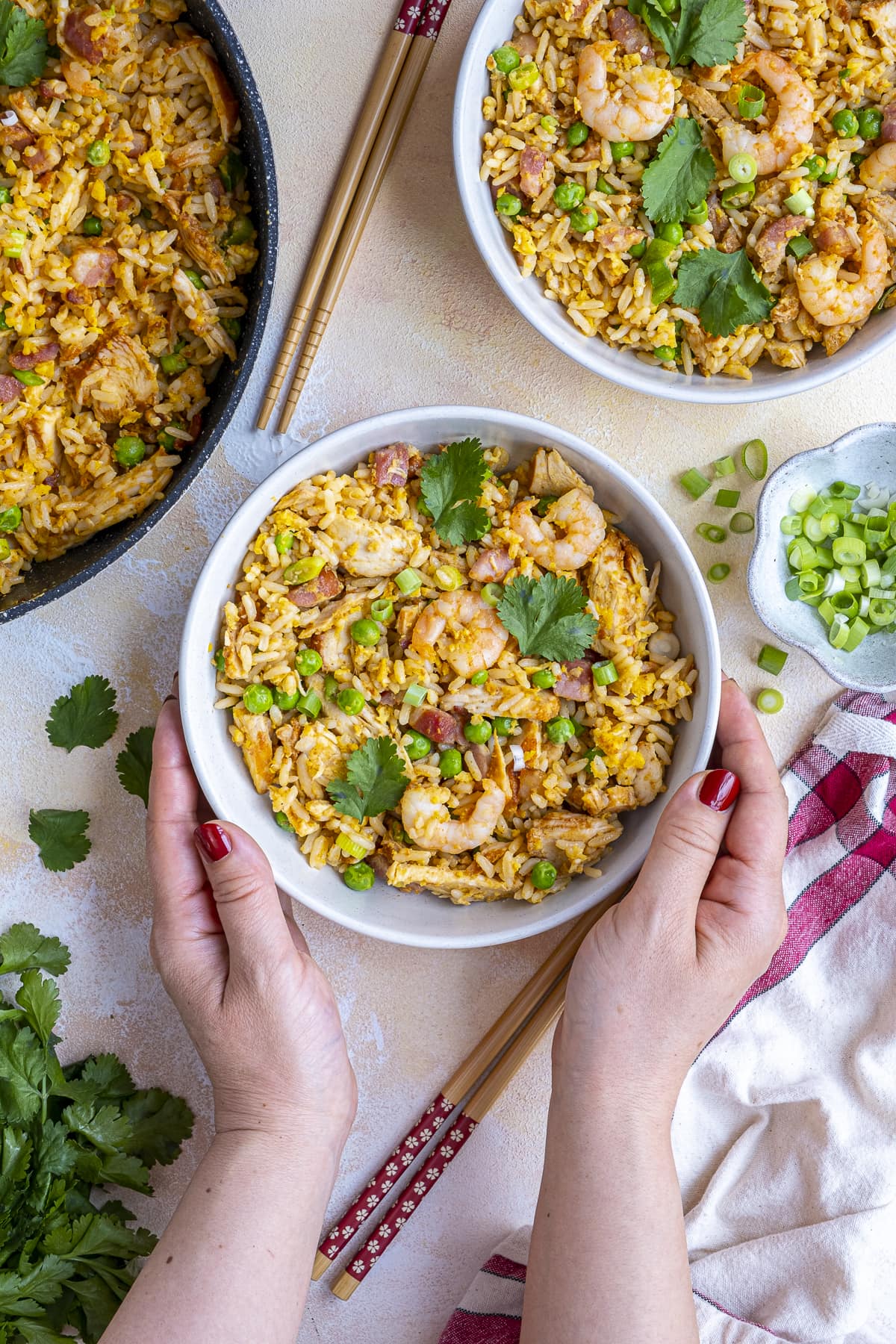 Overhead shot of Easy Peasy Special Fried Rice in a bowl being held by a woman's hands