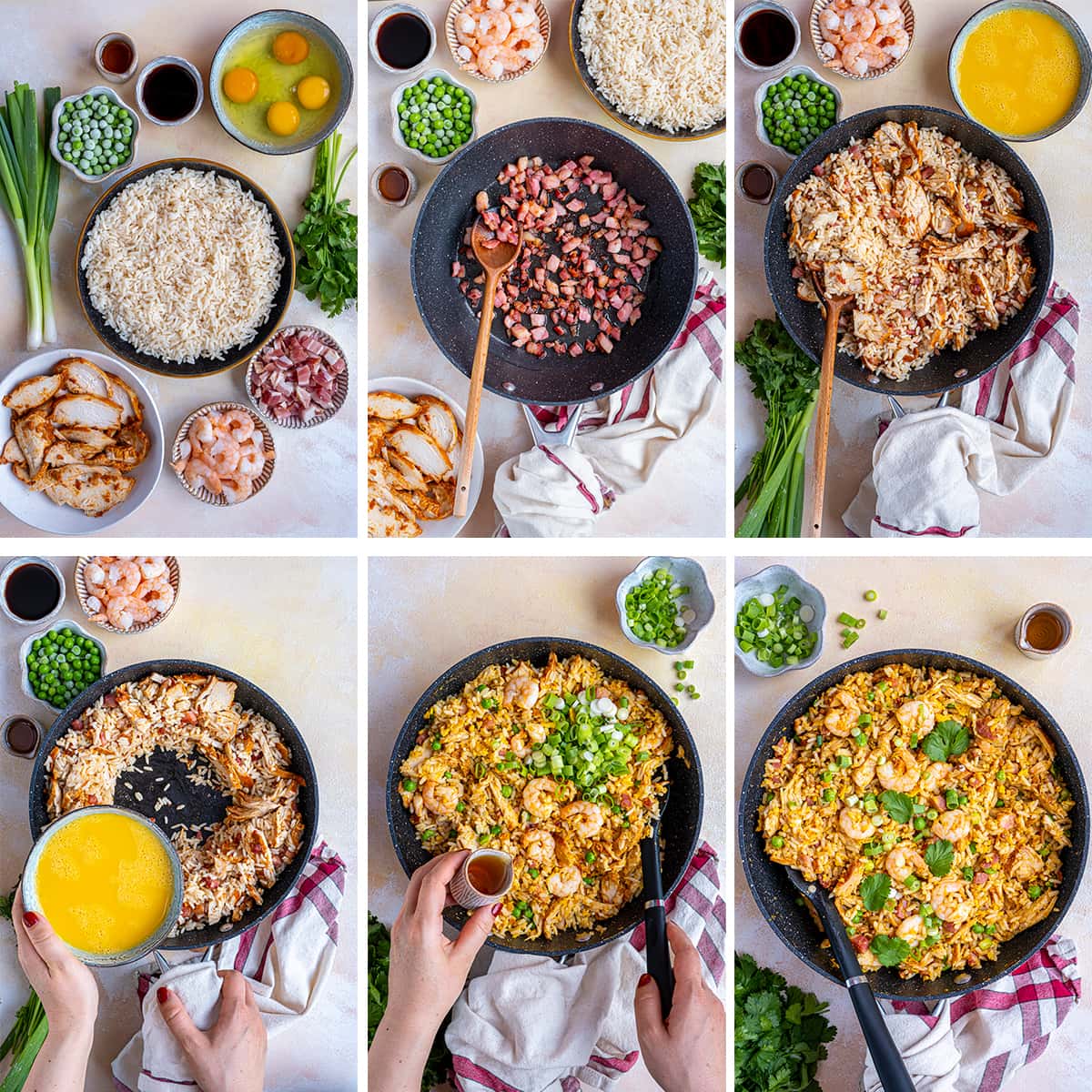 Collage showing 6 process shots for Easy Peasy Special Fried Rice