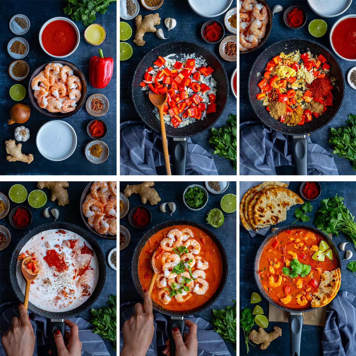 Collage showing 6 process shots for Easy Prawn Tikka Masala