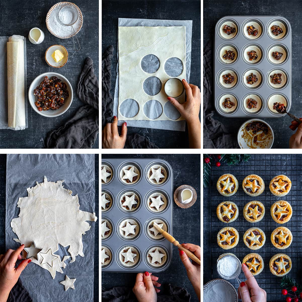 Collage showing 6 process shots for Easy Puff Pastry Mince Pies