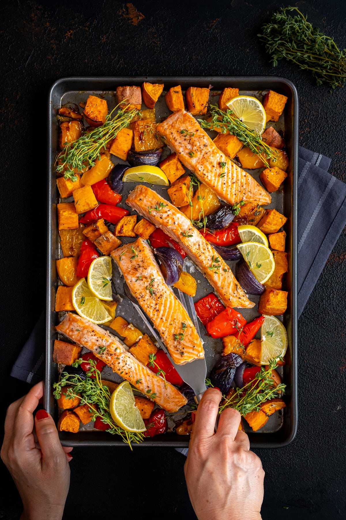 Overhead shot of Easy Salmon Traybake 