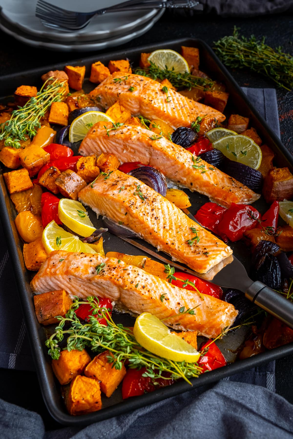 Easy Salmon Traybake - cooked, still in the tray