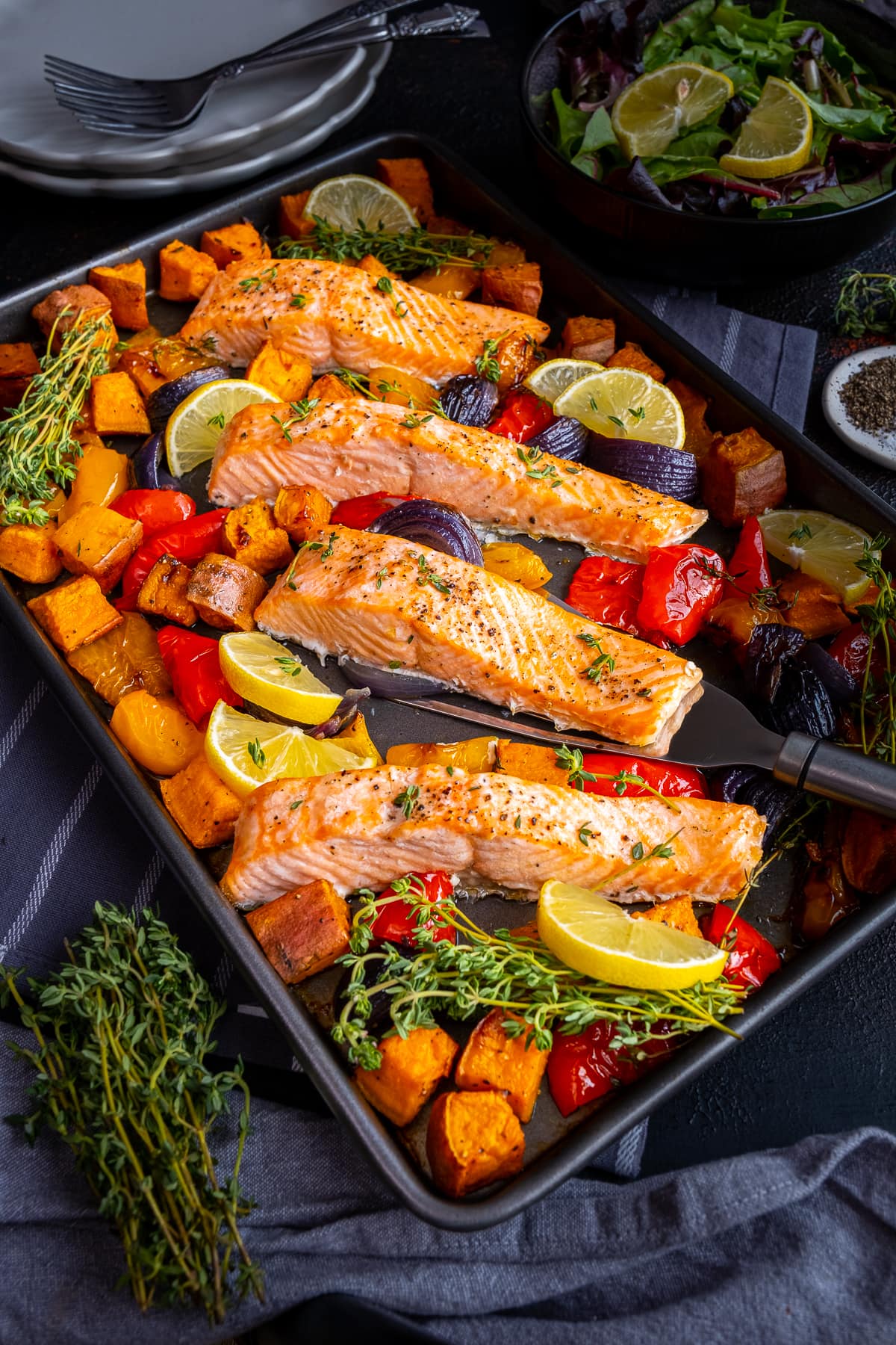 Easy Salmon Traybake - cooked, still in the tray