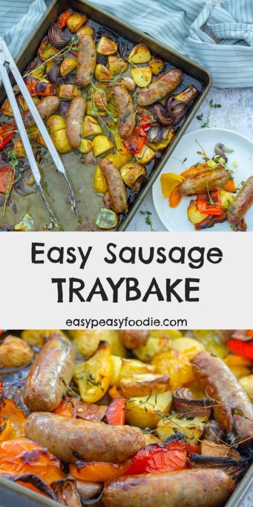 Quick, delicious and family friendly this Easy Sausage Traybake is the perfect midweek meal. Throw everything into one tray and cook for 45 minutes – what could be simpler? #sausages #sausagetraybake #sheetpan #traybake #newpotatoes #peppers #familydinners #easydinners #midweelmeals #easymeals #easypeasyfoodie #freefromgang #cookblogshare