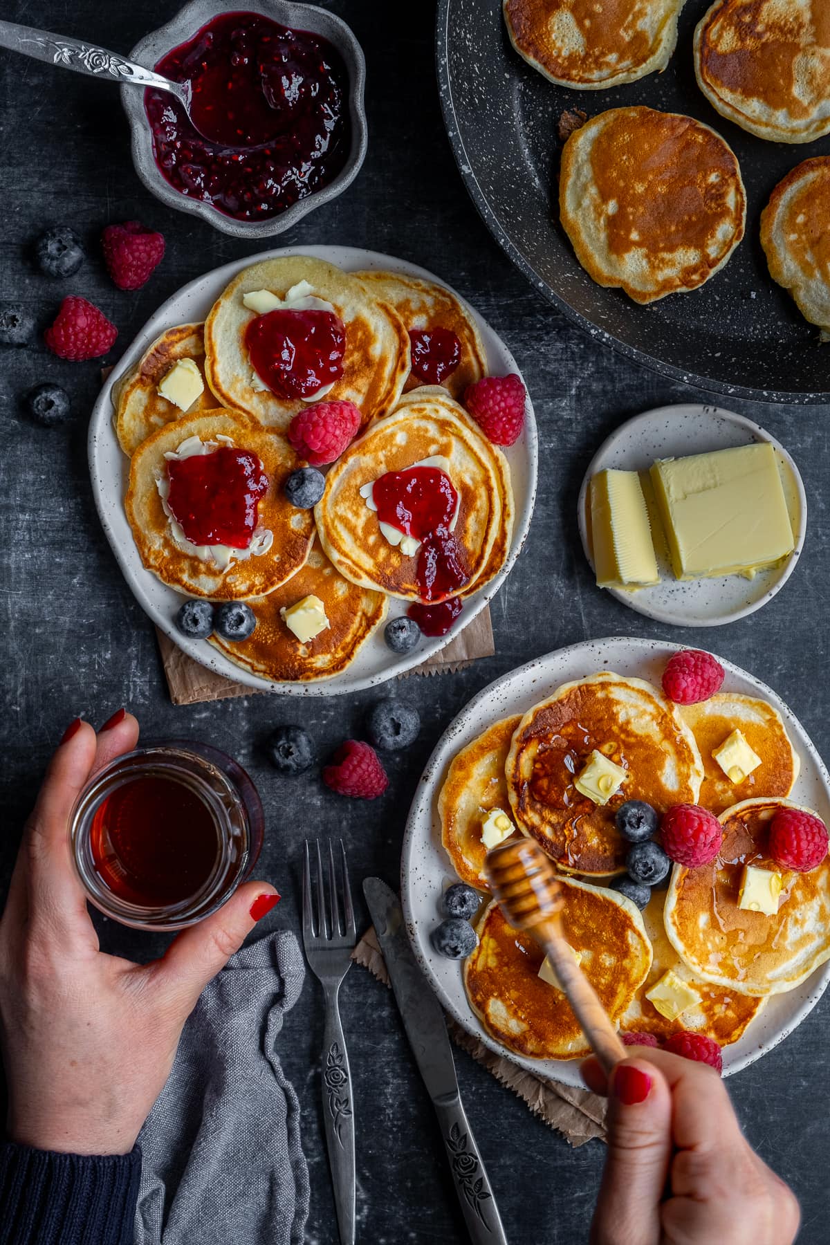 Easy Scotch Pancakes with lots of toppings options (jam, butter, berries and honey)