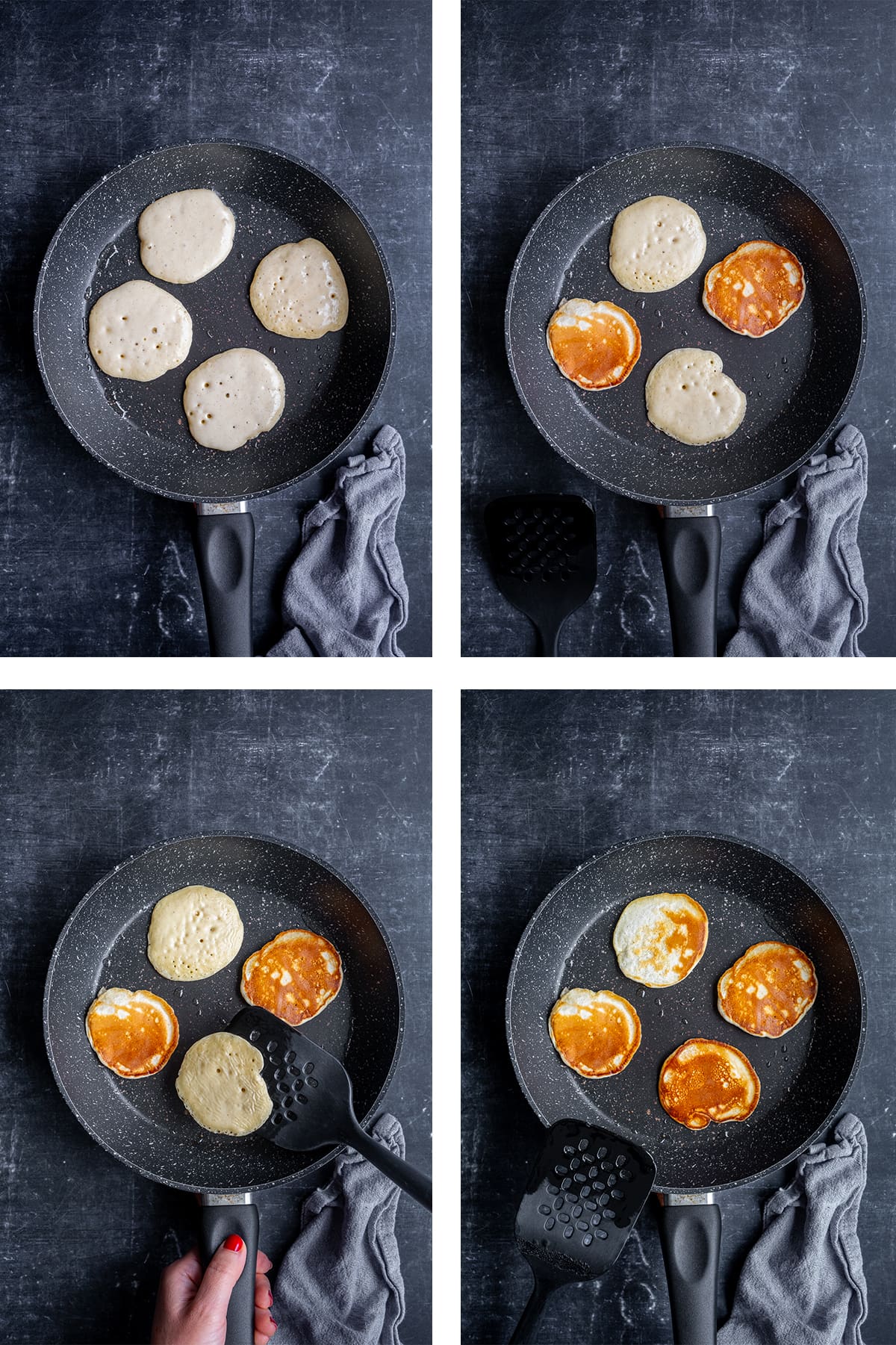 Collage showing 4 process shots for Easy Scotch Pancakes