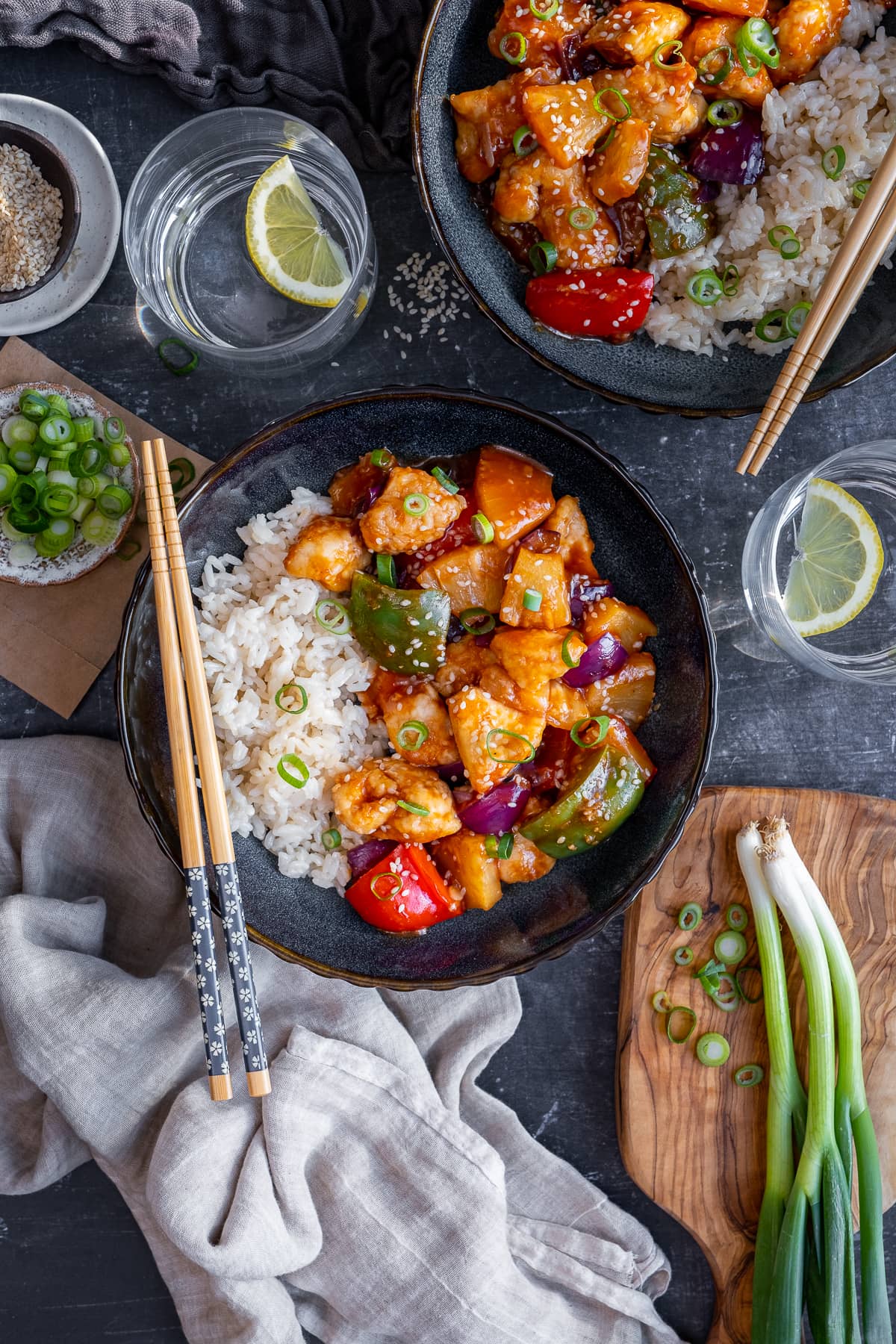 Overhead shot of Easy Sweet and Sour Chicken in a bowl with rice