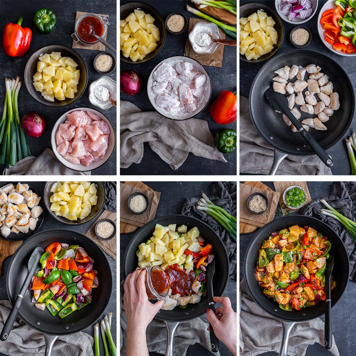 Collage showing 6 process shots for Easy Sweet and Sour Chicken 