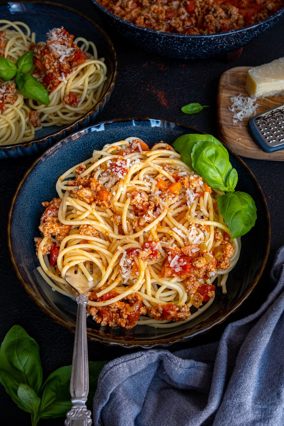 Easy Turkey Mince Bolognese mixed into the spaghetti, on a plate