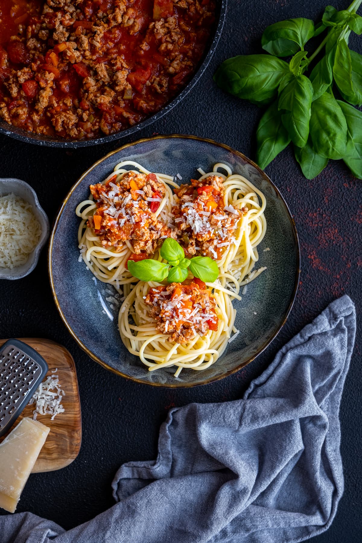 Overhead shot of Easy Turkey Mince Bolognese on a plate