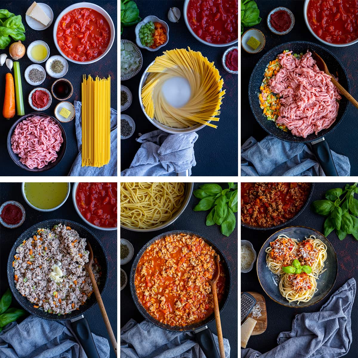 Collage showing 6 process shots for Easy Turkey Mince Bolognese