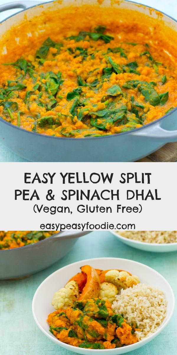 Quick to prepare and full of flavour, this Easy Yellow Split Pea and Spinach Dhal is a delicious, healthy, meat-free curry – equally at home served on its own with brown rice, as a nutritious midweek meal, or as part of a larger Indian themed meal at the weekend. #dhal #dal #splitpeadhal #splitpeadal #splitpeacurry #easycurry #easydhal #spinach #spinachdhal #spinachcurry #easydinners #midweekmeals #healthydinners #under500calories #vegan #glutenfree #dairyfree #vegancurry #easypeasyfoodie