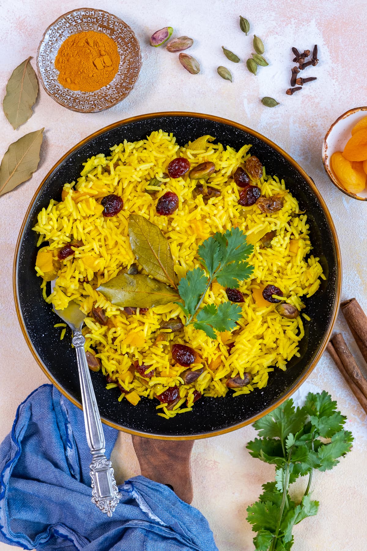 Overhead shot of Fruity Pilau Rice in a serving dish