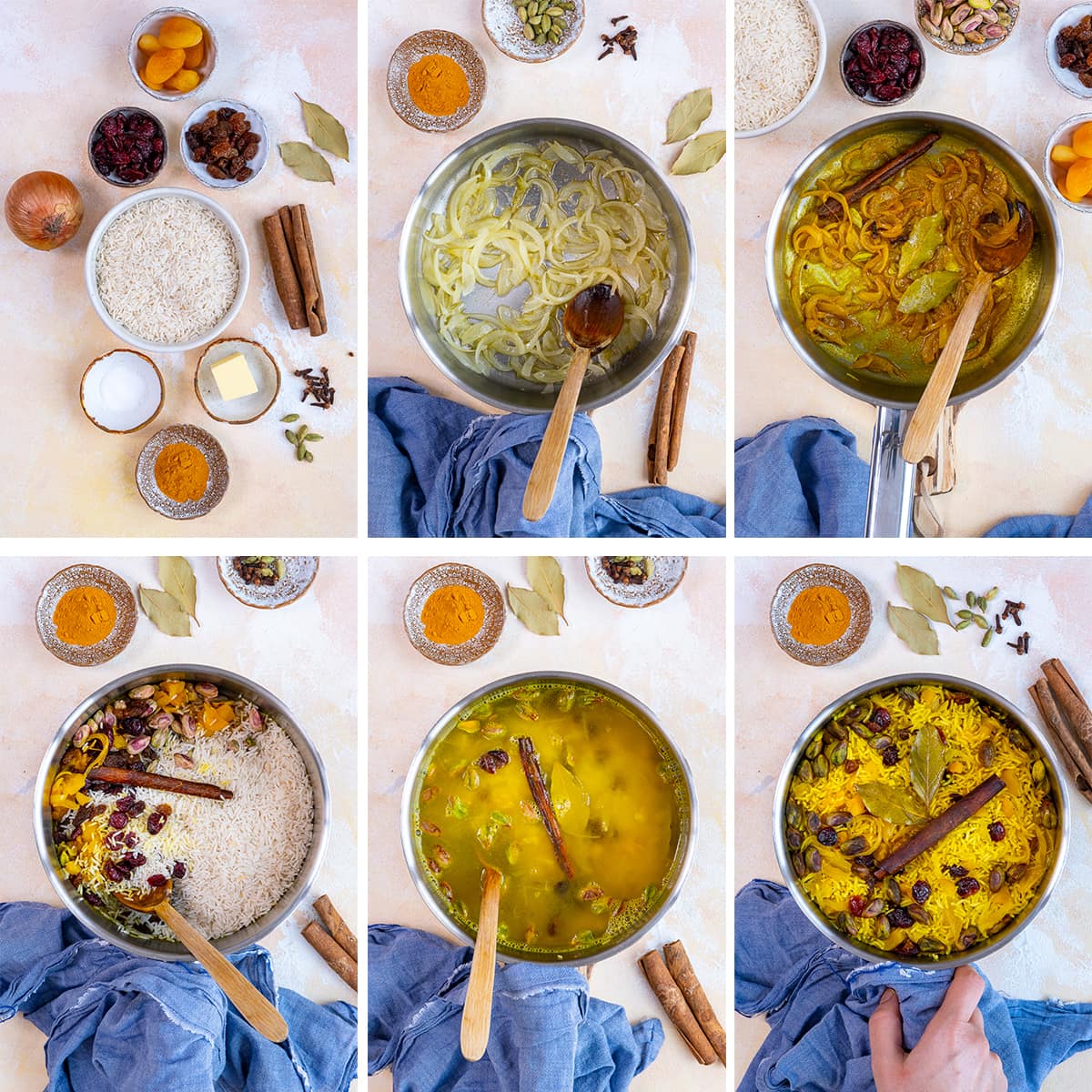 Collage showing 6 process shots for Fruity Pilau Rice 