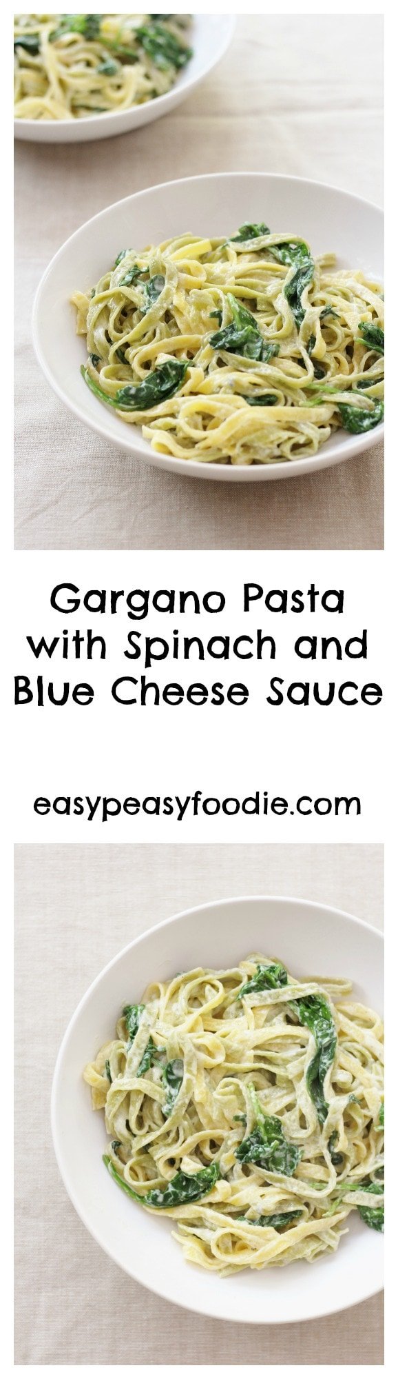 Gargano Pasta with Spinach and Blue Cheese Sauce - pinnable image for Pinterest