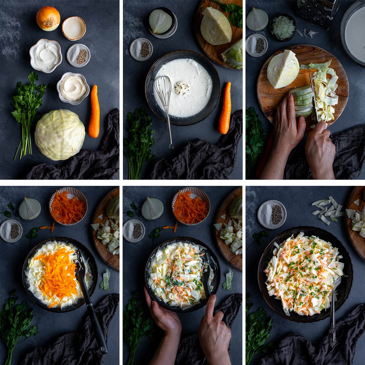 Collage showing 6 process shots for Homemade Nando’s Coleslaw