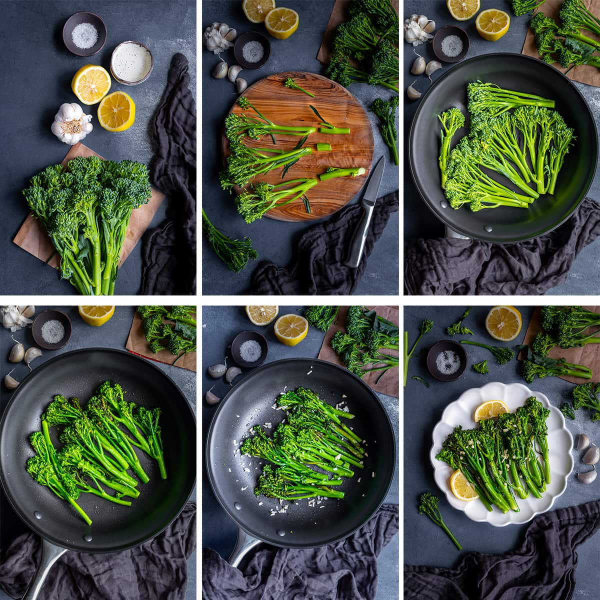 Collage showing 6 process shots for Homemade Nando’s Lemon and Garlic Broccoli