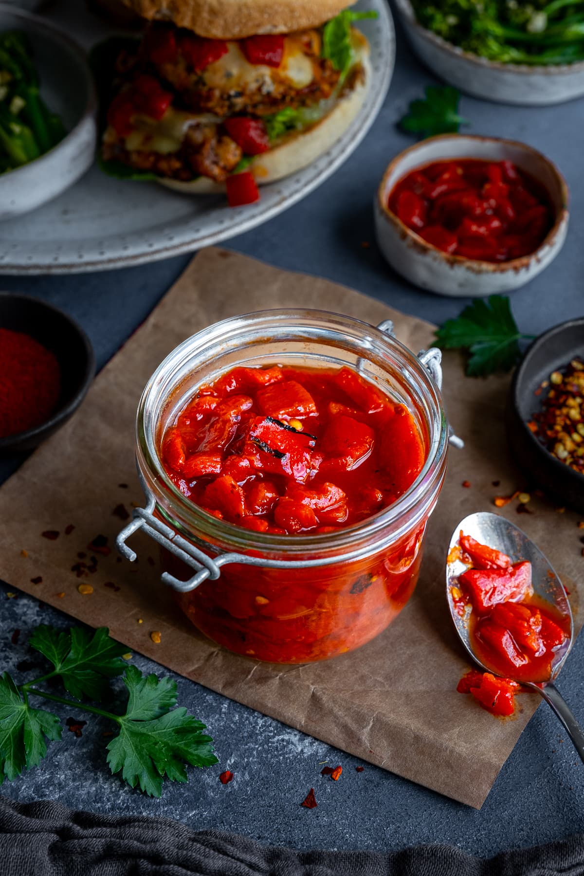 Homemade Nandos Smoky Red Pepper Chutney in a jam jar