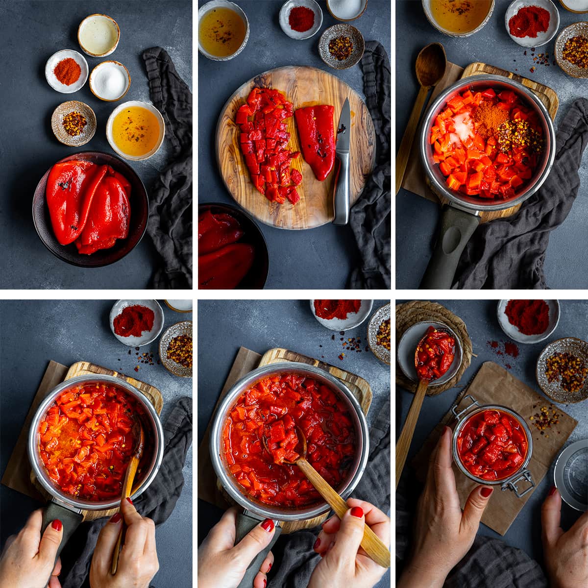 Collage showing 6 process shots for Homemade Nandos Smoky Red Pepper Chutney