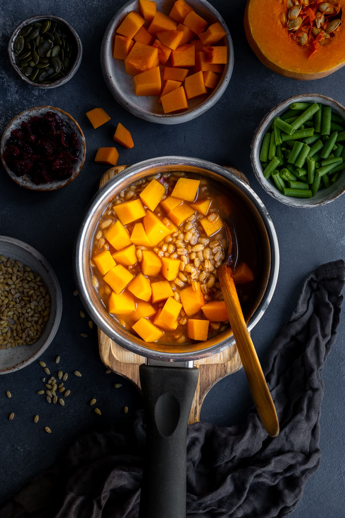 Pearl barley and butternut squash in a pan