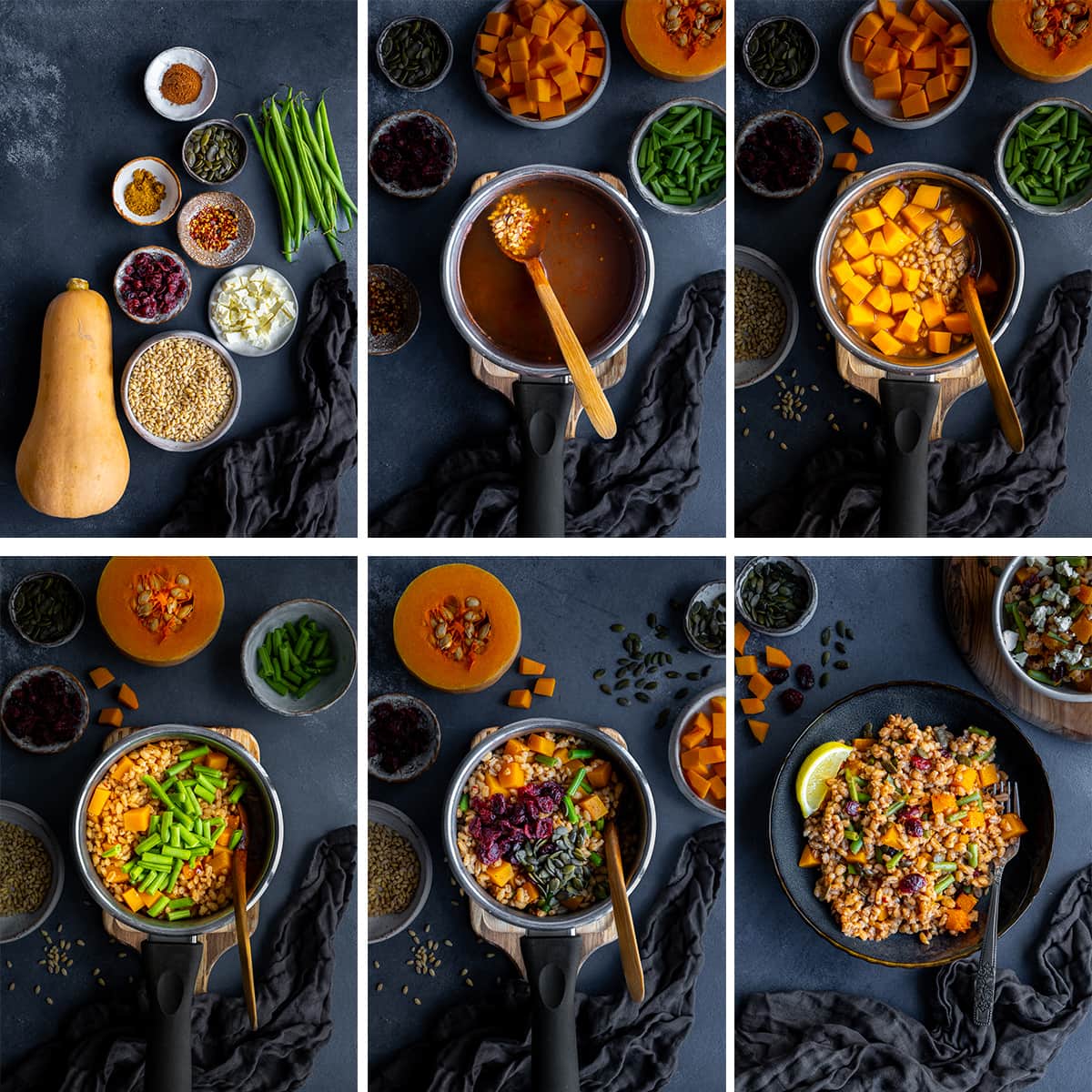 Collage showing 6 process shots for Homemade Nando’s Spiced Grains and Butternut Squash