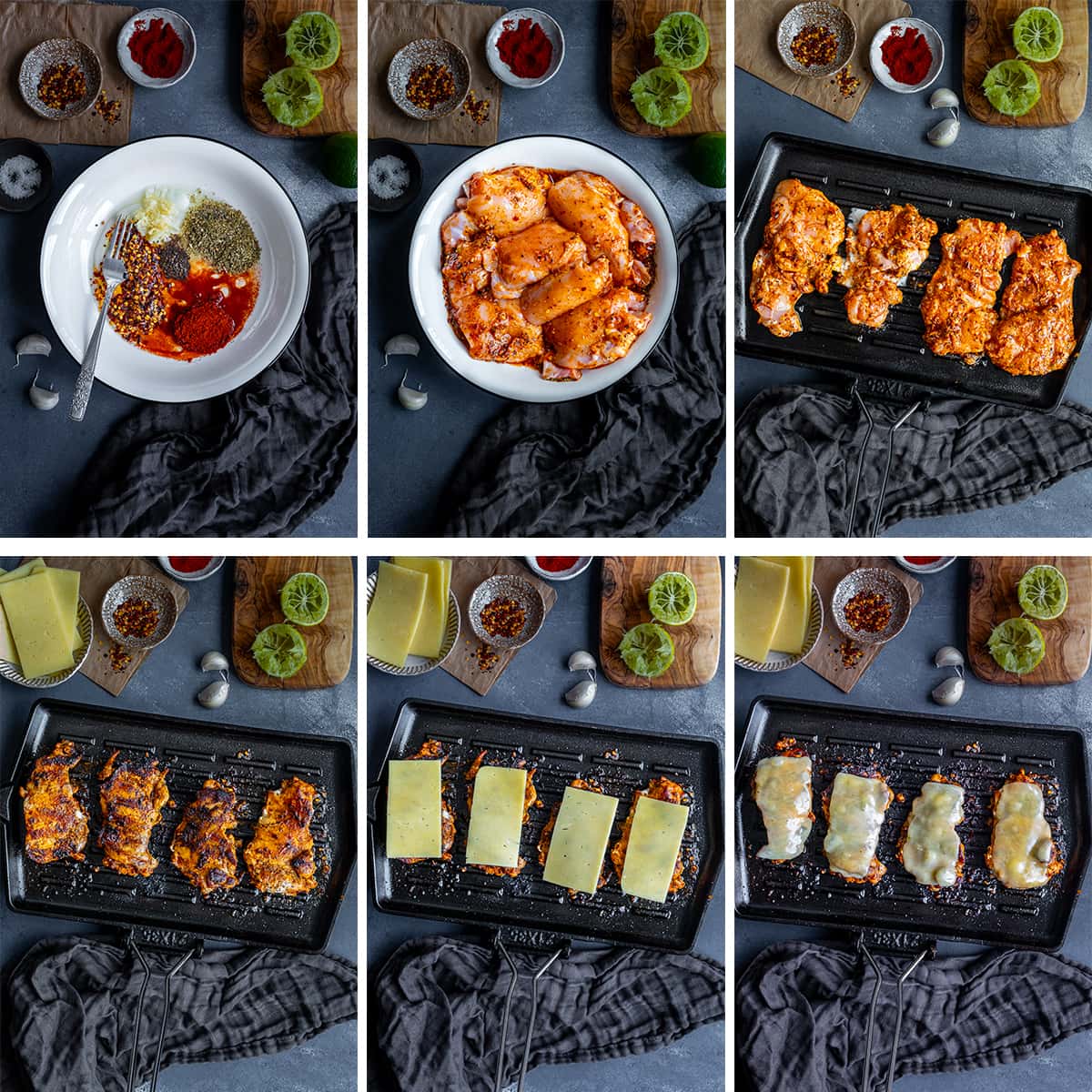 Collage showing 6 process shots for cooking the chicken for Homemade Nandos Sunset Burgers