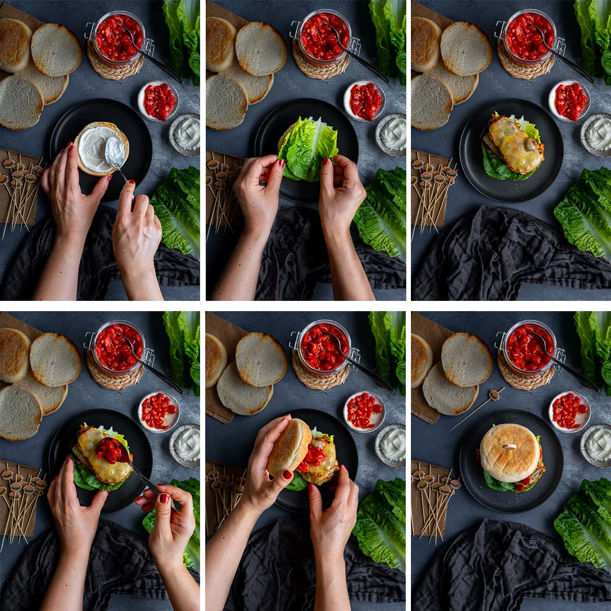 Collage showing 6 process shots for Homemade Nandos Sunset Burgers assembly