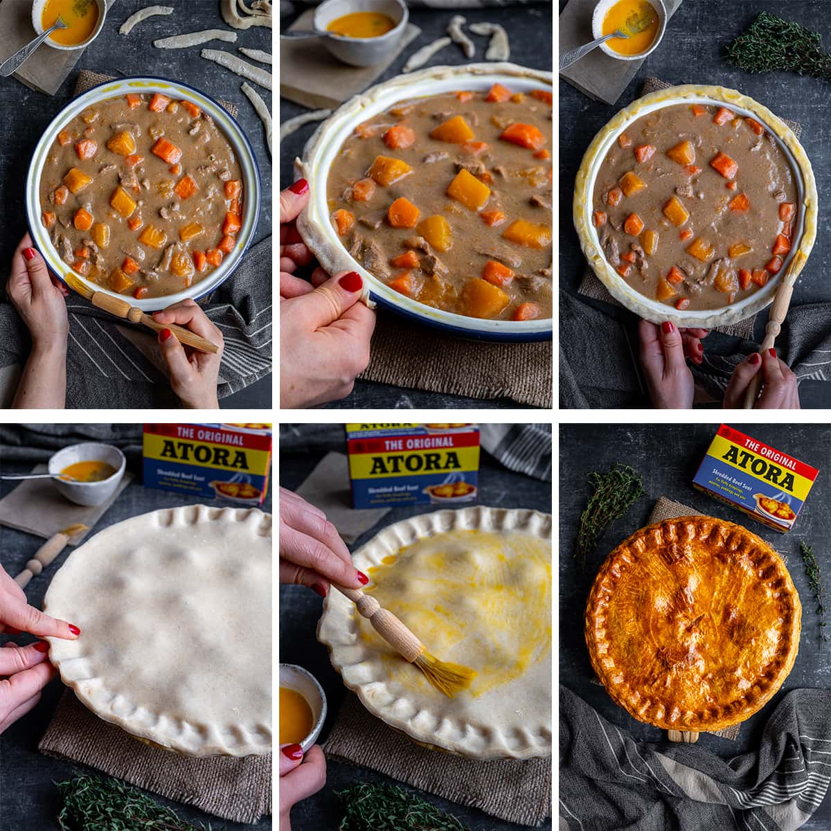 Collage showing 6 process shots for Traditional Suet Crust Steak Pie