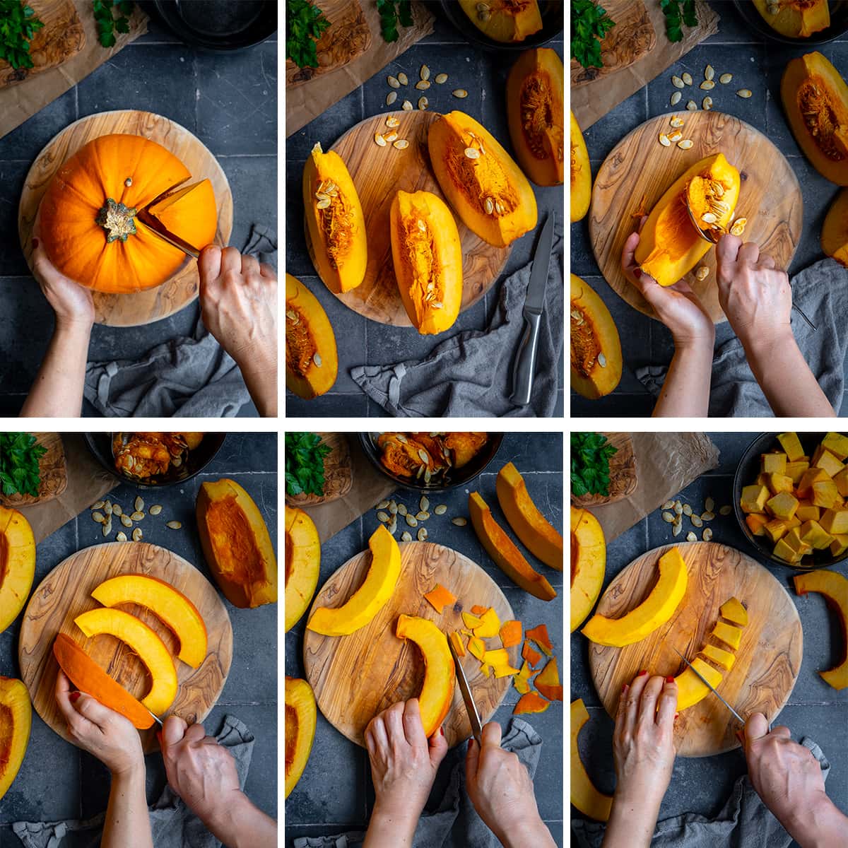 Collage showing 6 process shots for cutting a pumpkin into 1cm dice