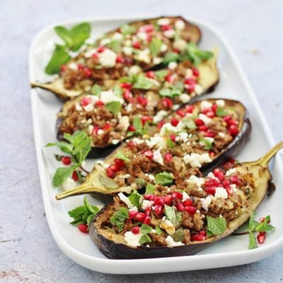 Lamb Stuffed Aubergines with Mint, Feta and Pomegranate Seeds