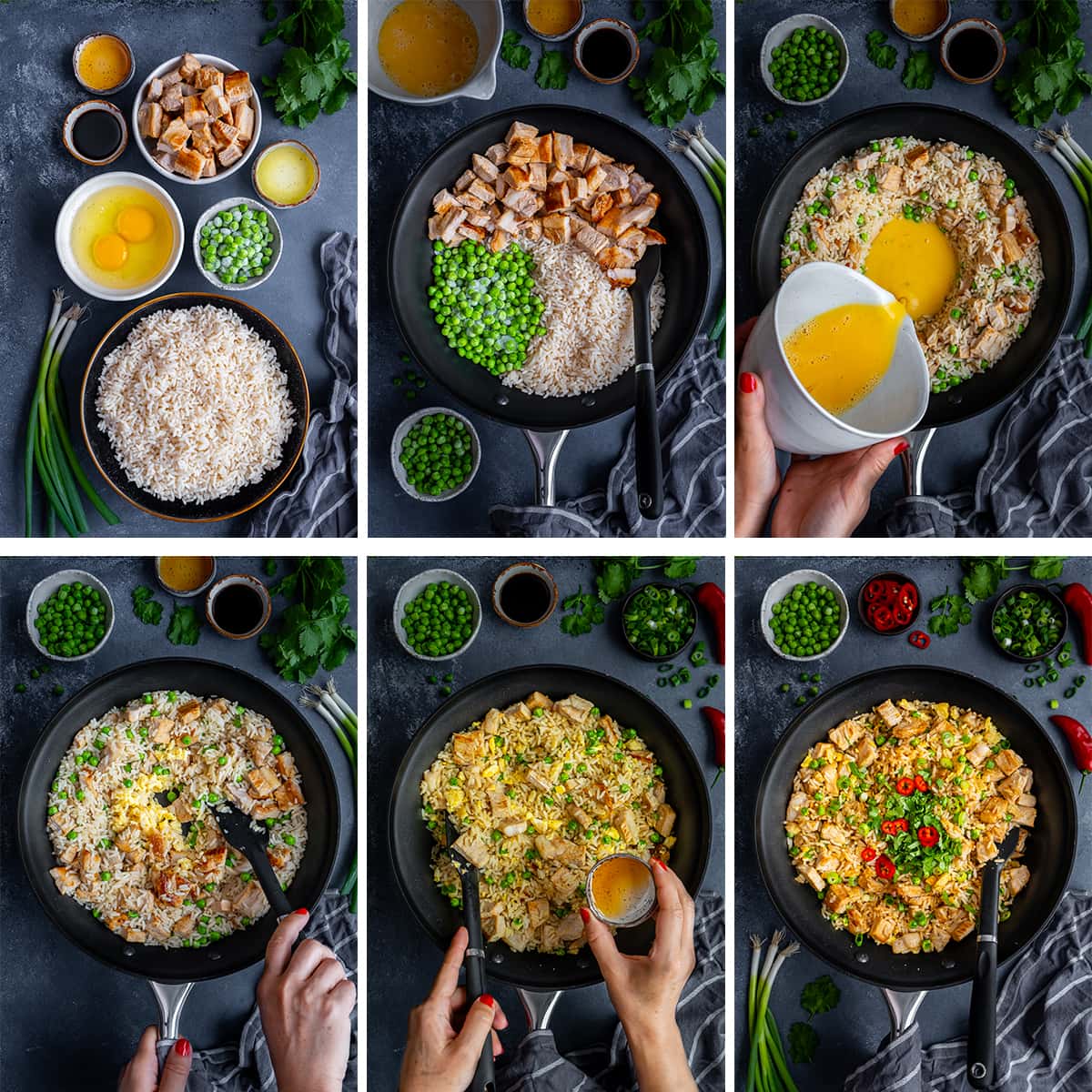 Collage showing 6 process shots for Leftover Pork Fried Rice