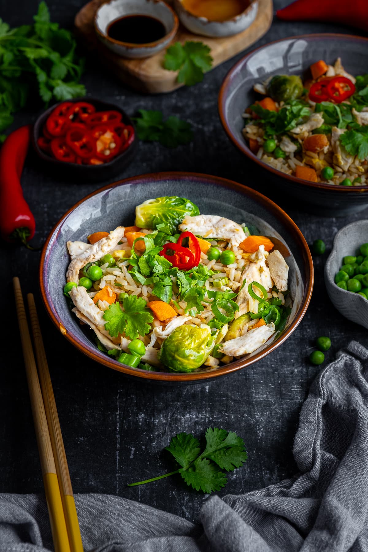 Leftover Turkey Fried Rice in a bowl with chopsticks