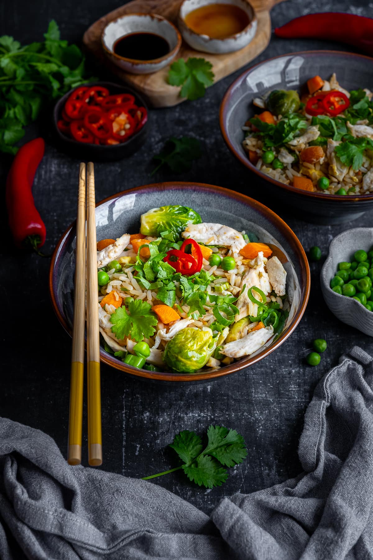 Leftover Turkey Fried Rice in a bowl with chopsticks