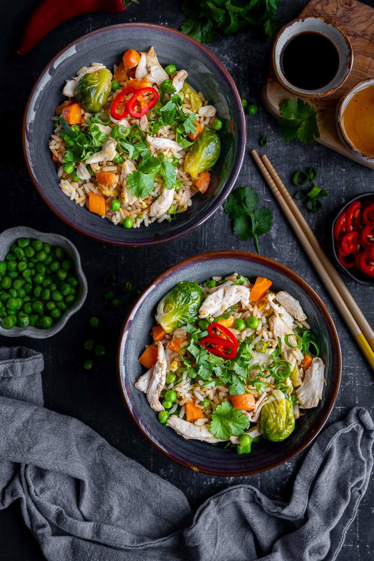 Overhead shot of 2 bowls of Leftover Turkey Fried Rice 